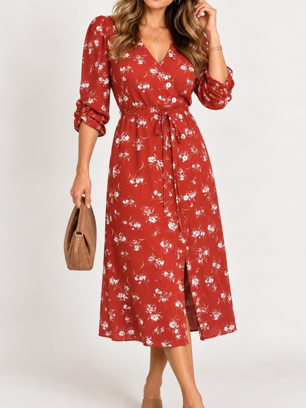 Simple Retro Rust Floral Wrap Midi Dress Ruched Sleeve Tie Waist Size M